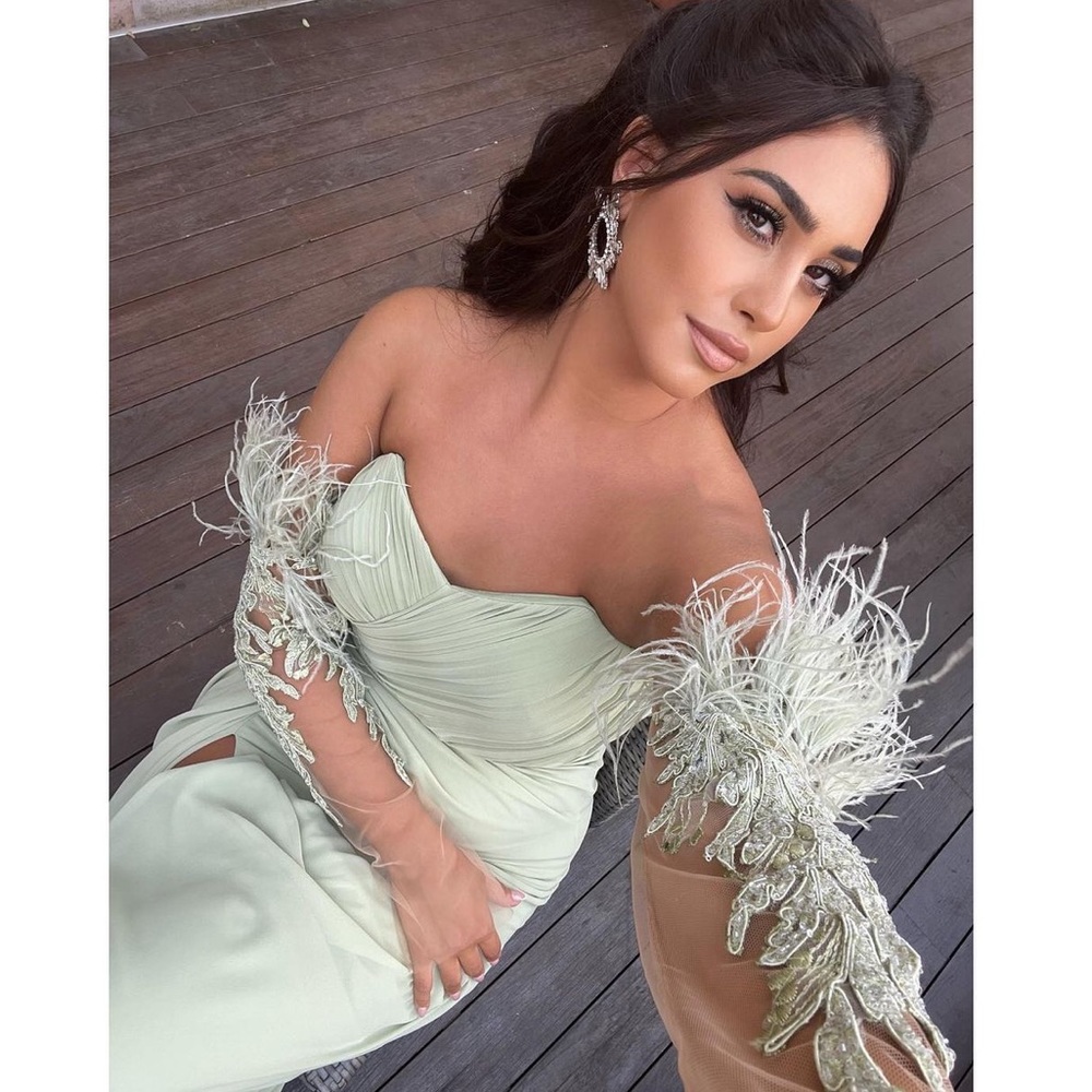 Mint color strapless simple feather dress with slit